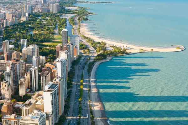 An sky view of the beaches of Lake Michigan and Chicago