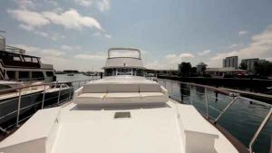 A couch on the top deck of the sophisticated lady yacht